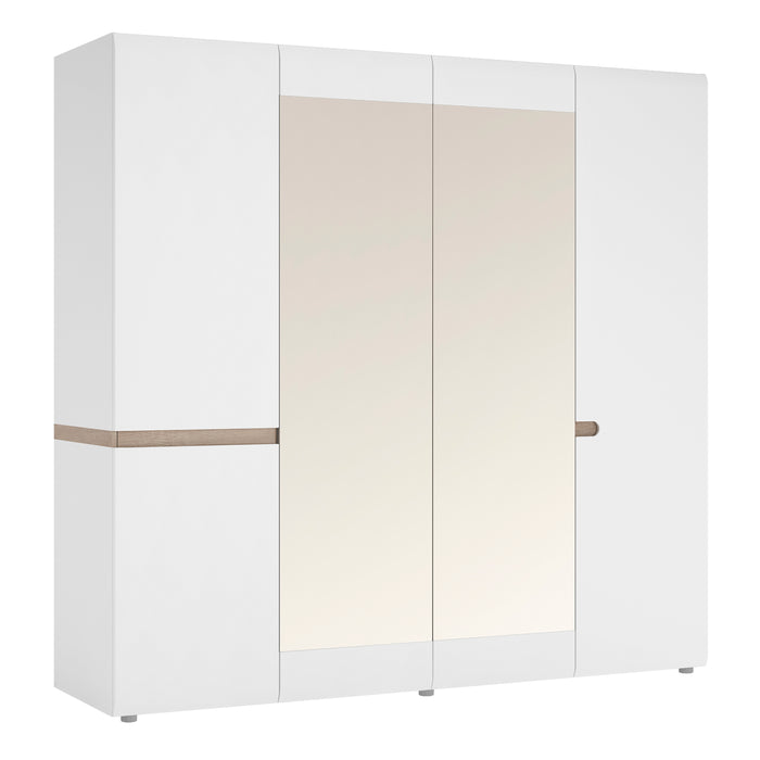 Chelsea Bedroom 4 Door Wardrobe with Mirrors in White with a Truffle Oak Trim