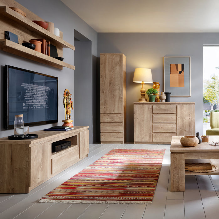 Fribo Tall Narrow 1 Door 3 Drawer Cupboard in Oak