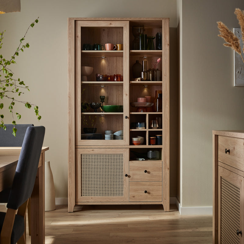 Cestino 2 Door 2 Drawer Display Cabinet in Jackson Hickory Oak and Rattan Effect