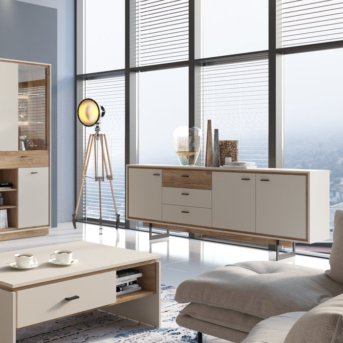 Rivero 3 Door 3 Drawer Wide Sideboard in Grey and Oak 