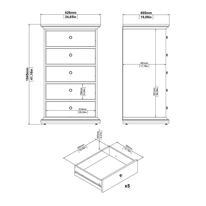 Paris Chest 5 Drawers in Matt Grey