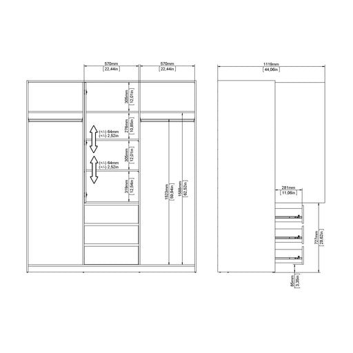 Naia Wardrobe with 2 Sliding Doors 1 Door 3 Drawers in White High Gloss