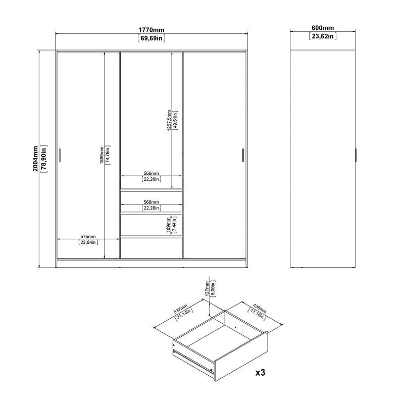 Naia Wardrobe with 2 Sliding Doors 1 Door 3 Drawers in White High Gloss