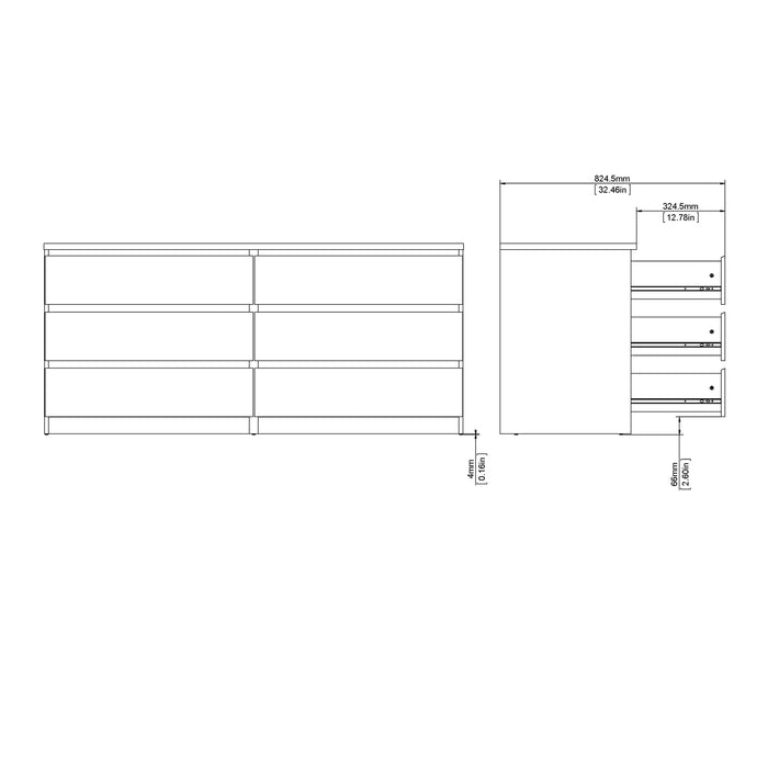 Naia Wide Chest of 6 Drawers (3+3) in Concrete and White High Gloss