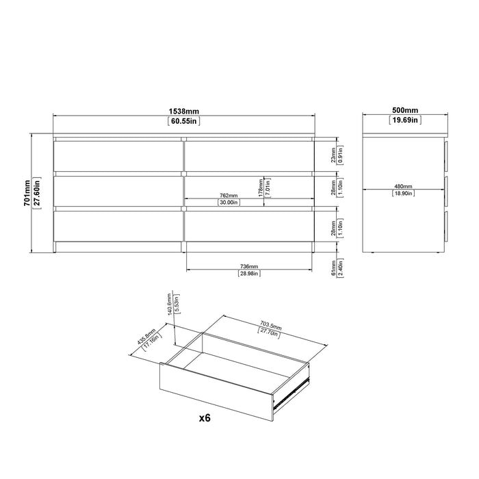 Naia Wide Chest of 6 Drawers (3+3) in White High Gloss