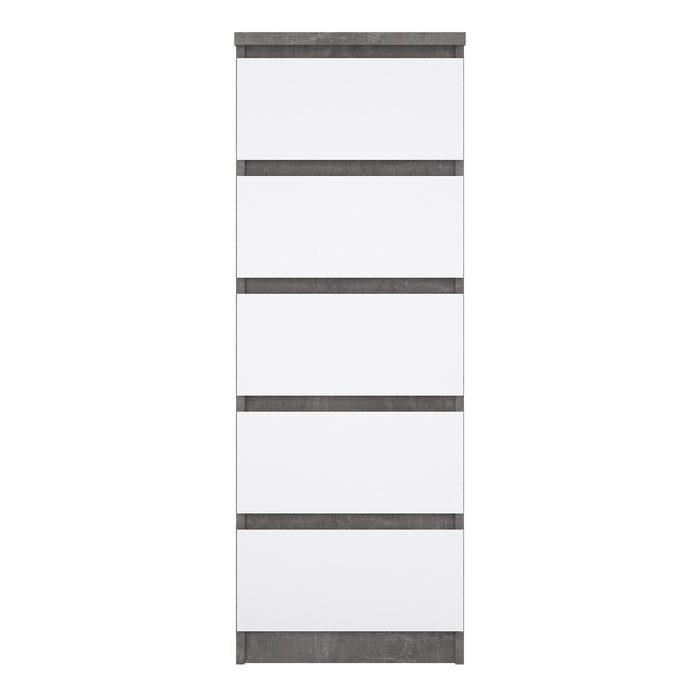 Naia Narrow Chest of 5 Drawers in Concrete and White High Gloss