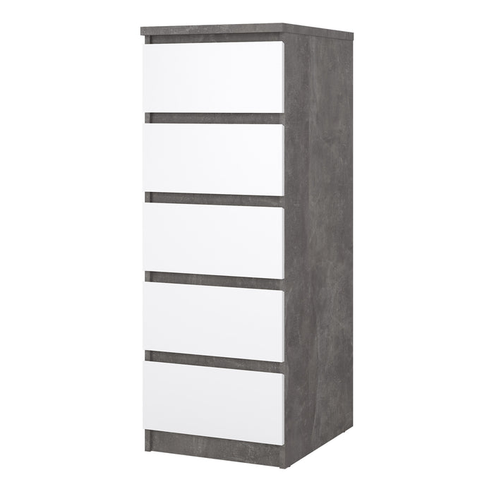 Naia Narrow Chest of 5 Drawers in Concrete and White High Gloss