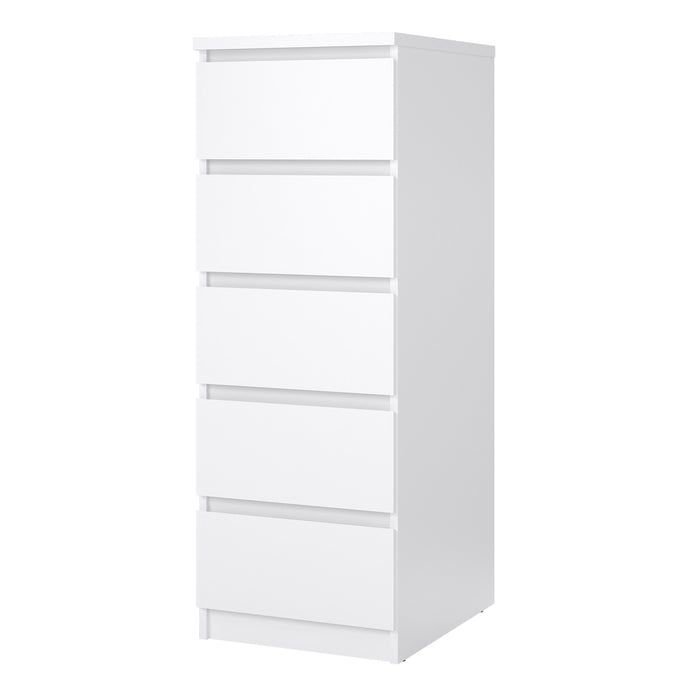 Naia Narrow Chest of 5 Drawers in White High Gloss