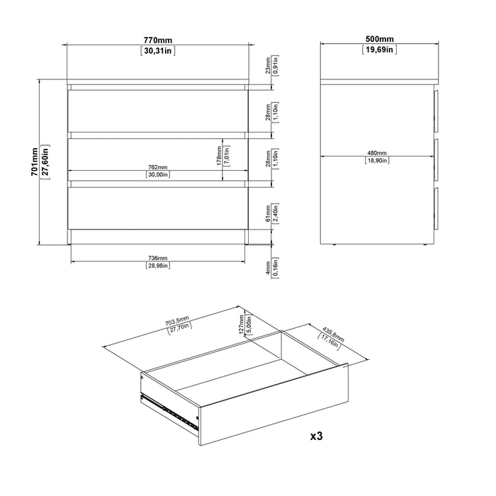 Naia Chest of 3 Drawers in Concrete and White High Gloss