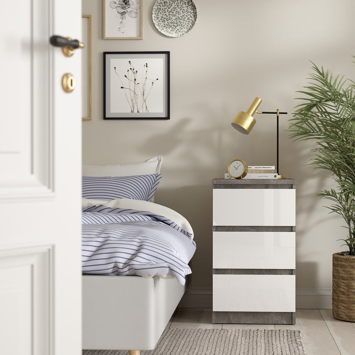 Naia Bedside 3 Drawers in Concrete and White High Gloss
