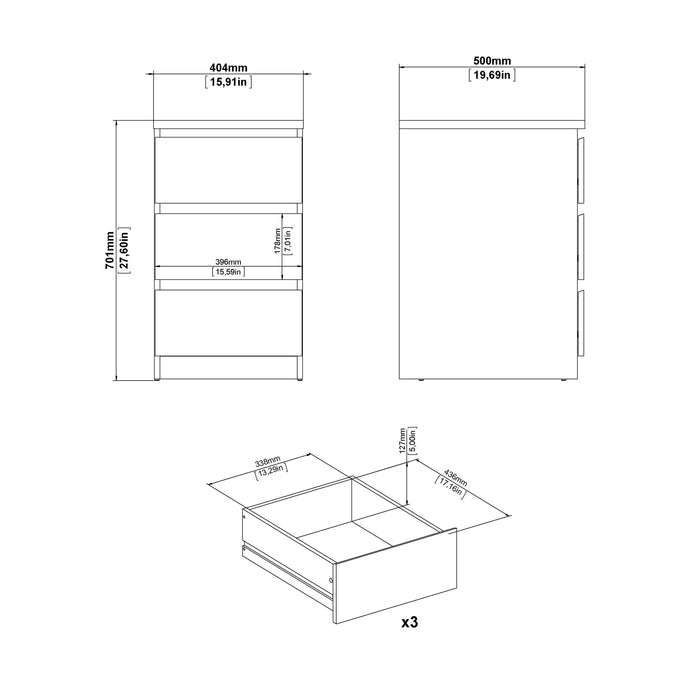 Naia Bedside 3 Drawers in Concrete and White High Gloss