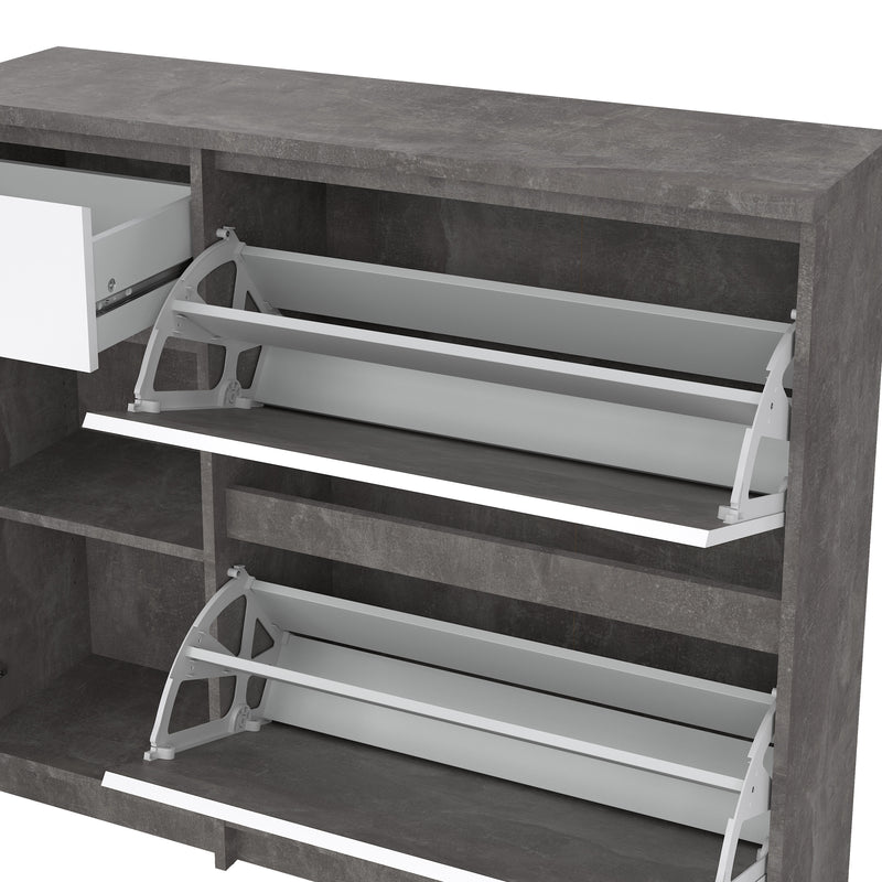 Naia Shoe Cabinet with 2 Flip Down Doors 1 Door and 1 Drawer in Concrete and White High Gloss