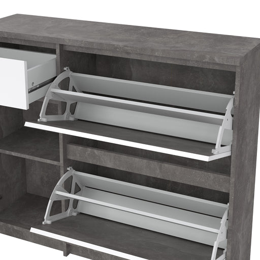 Naia Shoe Cabinet with 2 Flip Down Doors 1 Door and 1 Drawer in Concrete and White High Gloss