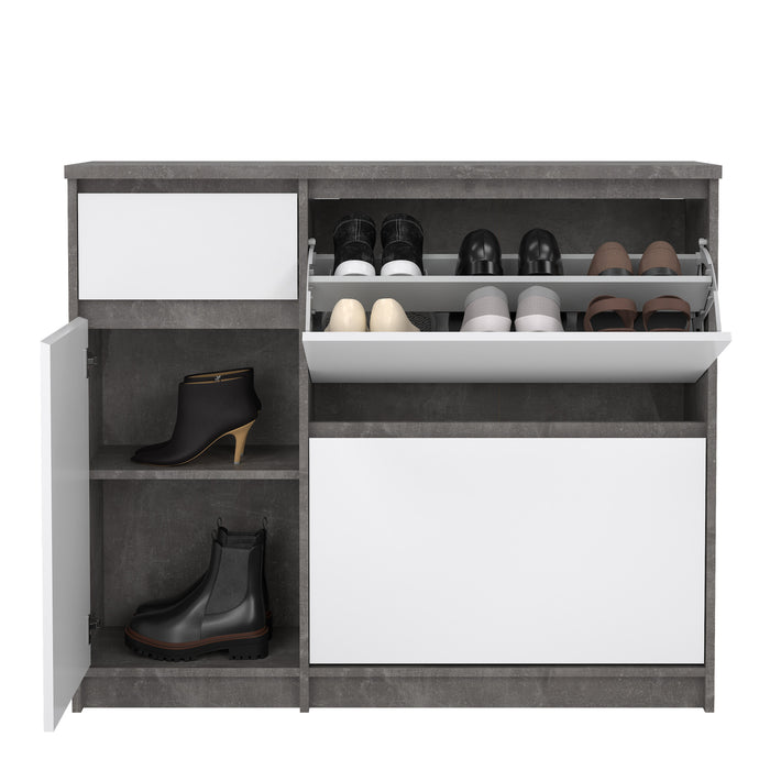 Naia Shoe Cabinet with 2 Flip Down Doors 1 Door and 1 Drawer in Concrete and White High Gloss