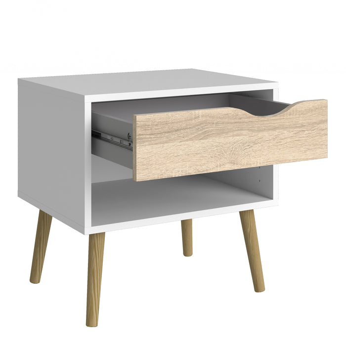 Oslo Package - Bedside 1 Drawer + Chest of 5 Drawers (2+3) + Wardrobe 3 Doors 3 Drawers in White and Oak