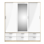 Line Wardrobe 3 Doors 6 Drawers in Oak with White High Gloss
