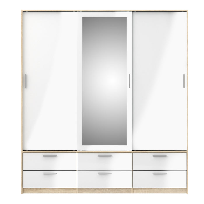 Line Wardrobe 3 Doors 6 Drawers in Oak with White High Gloss