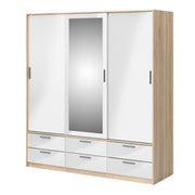 Line Wardrobe 3 Doors 6 Drawers in Oak with White High Gloss