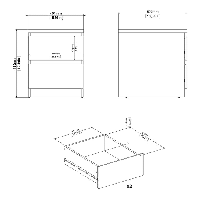 Naia Bedside 2 drawers in Concrete/White high gloss