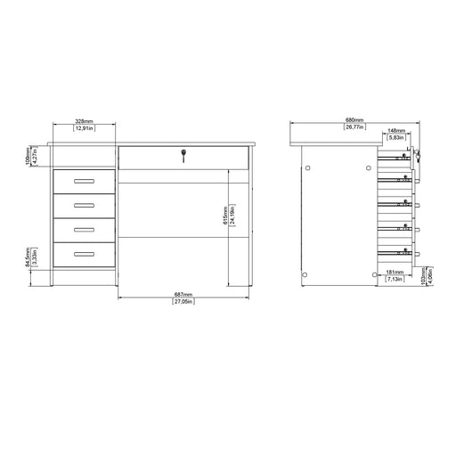 Function Plus Desk 5 Drawers in White