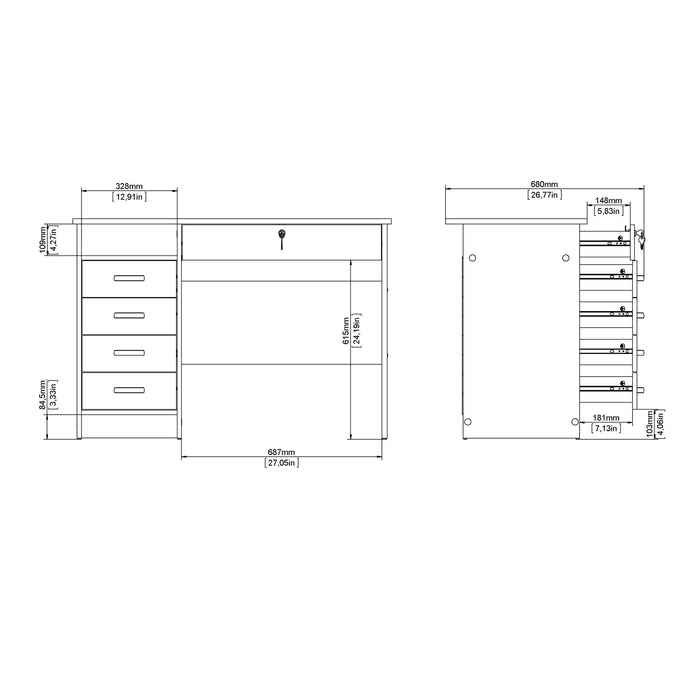 Function Plus Desk 5 Drawers in White