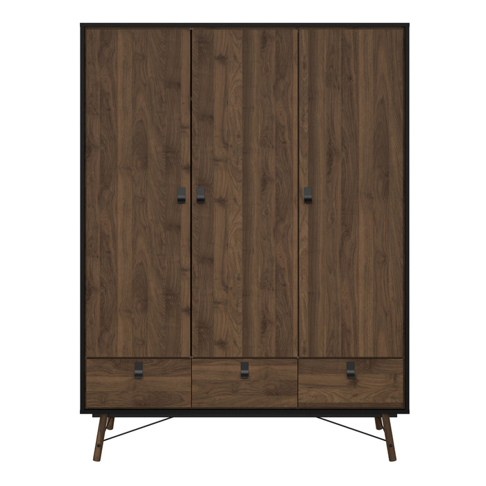 Ry Wardrobe 3 Doors 3 Drawers in Matt Black Walnut