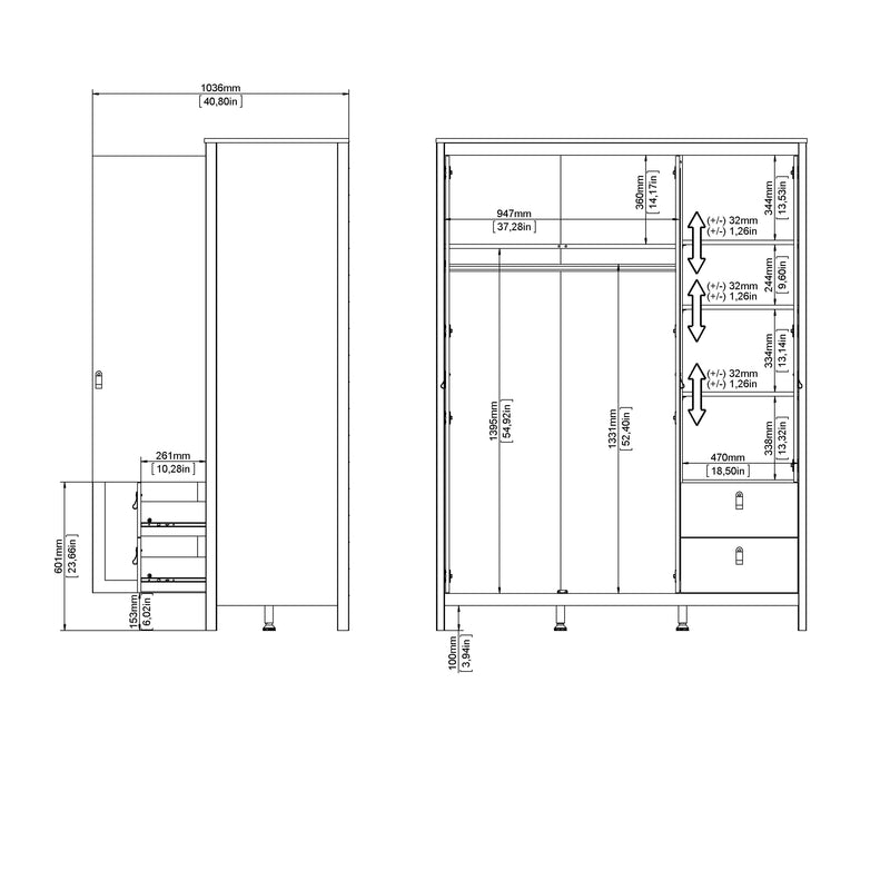 Barcelona Wardrobe with 2 Doors 1 Mirror Door 2 Drawers in Matt Black