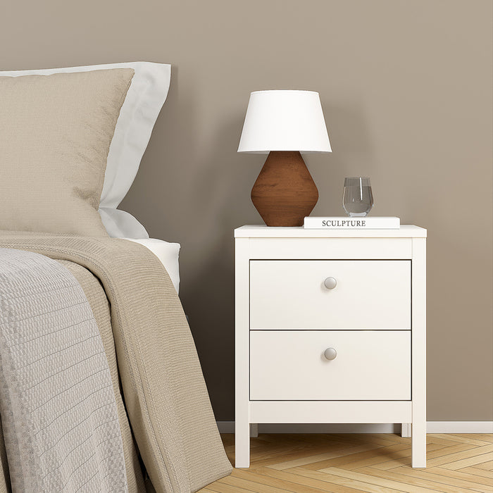Madrid Package - Bedside Table 2 Drawers + Chest 5 Drawers + Wardrobe with 2 Doors in White