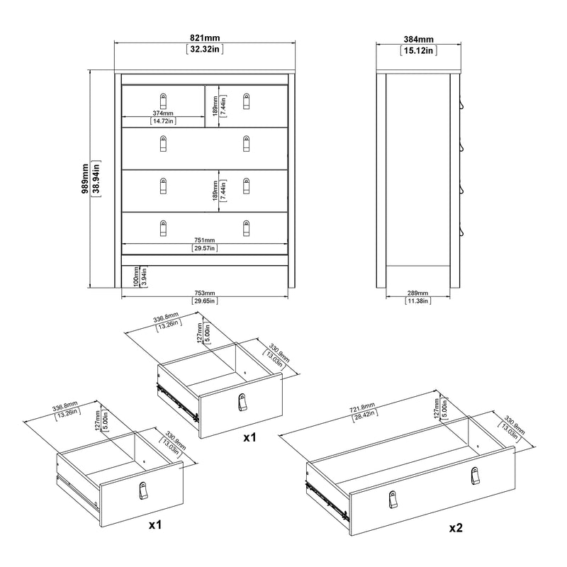 Madrid Package - Bedside Table 2 Drawers + Chest 5 Drawers + Wardrobe with 3 Doors in White