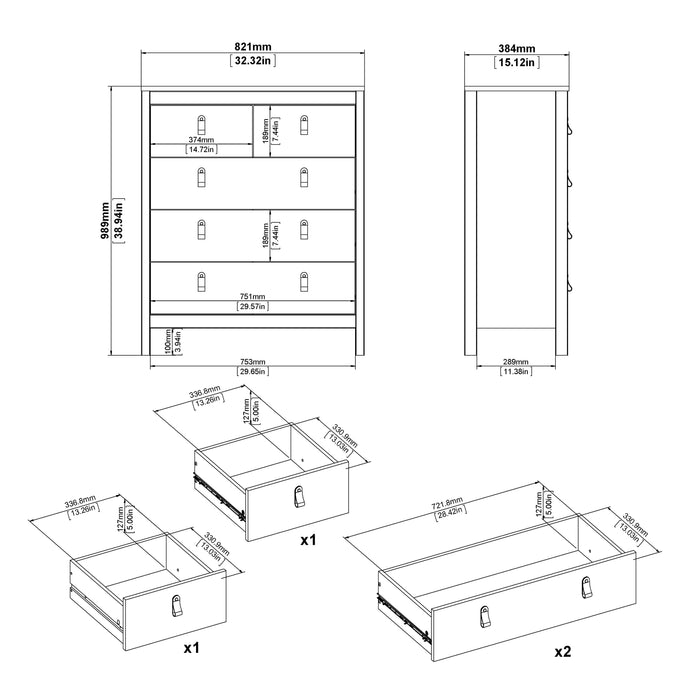 Madrid Package - Bedside Table 2 Drawers + Chest 5 Drawers + Wardrobe with 3 Doors in White