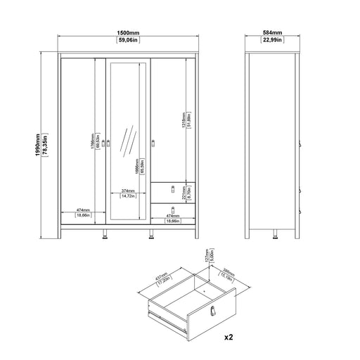 Madrid Wardrobe with 2 Doors + 1 Mirror Door + 2 Drawers in Cashmere