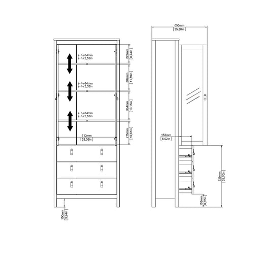 Madrid China Cabinet 2 Glass Doors with 3 Drawers in Cashmere