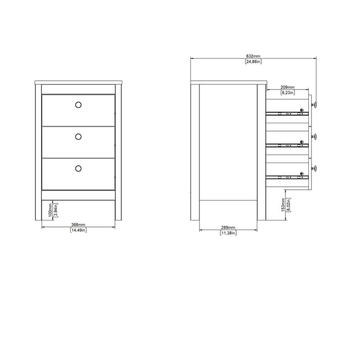 Madrid Bedside Table 3 Drawers in Cashmere