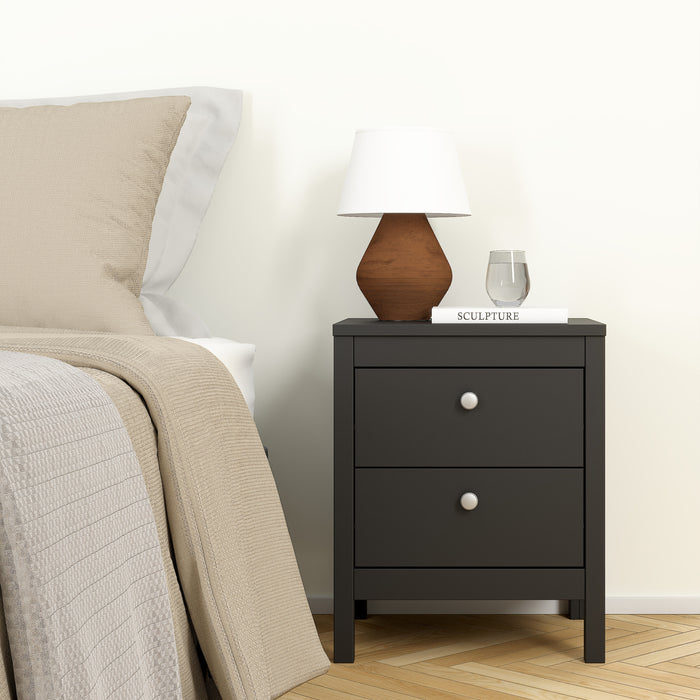 Madrid Package - Bedside Table 2 Drawers + Chest 3+2 Drawers + Wardrobe with 2 Doors in Matt Black
