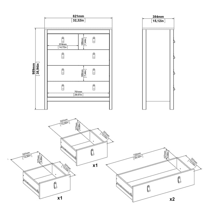 Madrid Package - Bedside Table 2 Drawers + Chest 3+2 Drawers + Wardrobe with 2 Doors in Matt Black