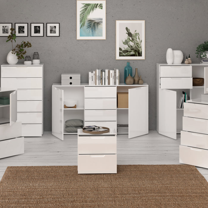 Sienna Wide Chest of 4 Drawers and 2 Doors in White/White High Gloss 