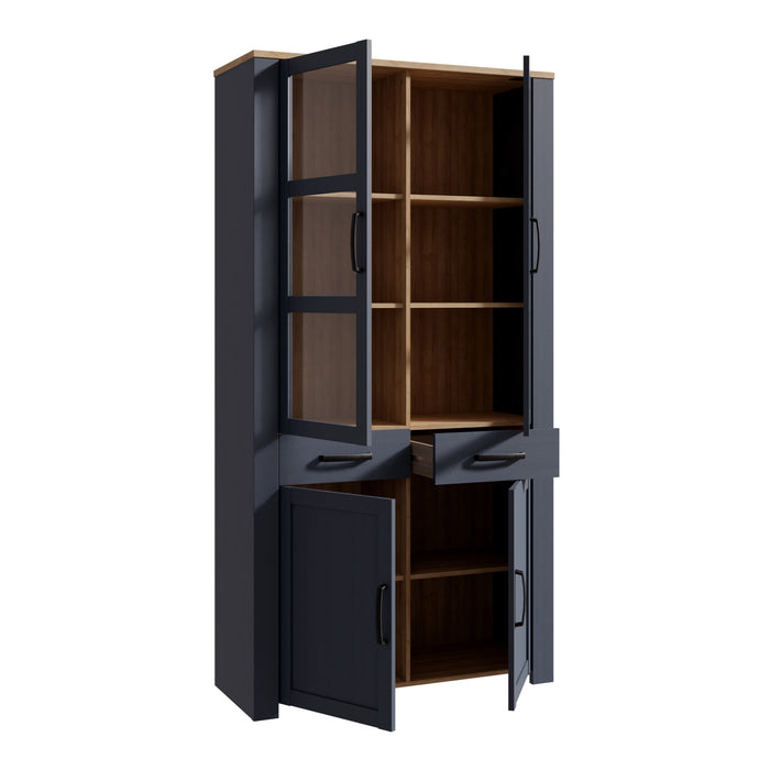Bohol Display Cabinet 4 Door 2 Drawer in Oak/Navy inc LED Lighting