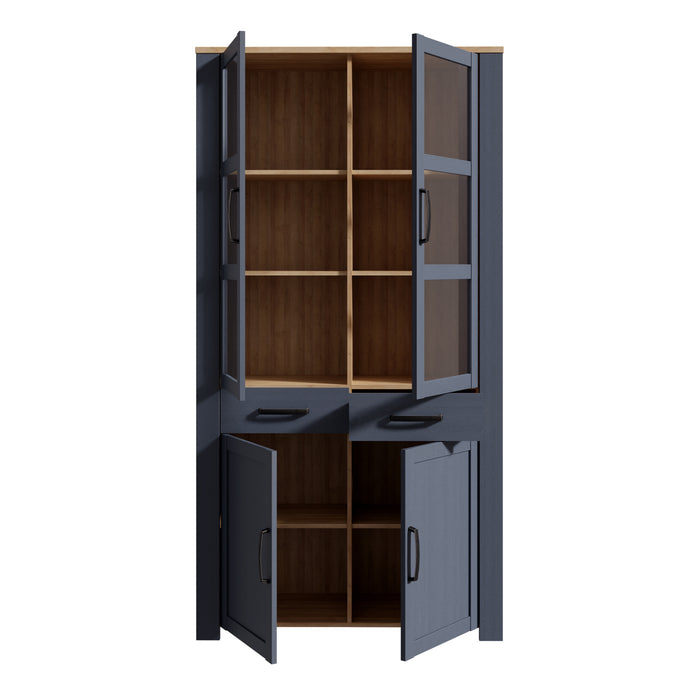 Bohol Display Cabinet 4 Door 2 Drawer in Oak/Navy inc LED Lighting