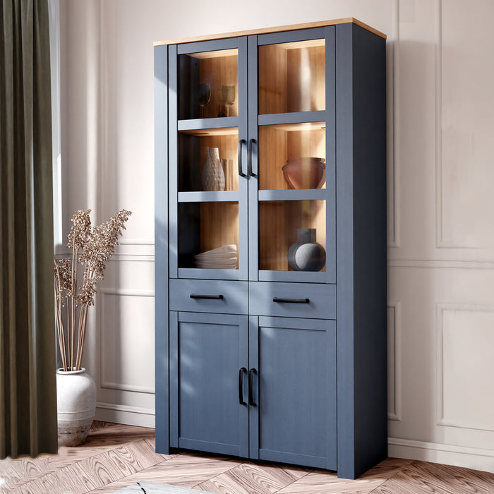 Bohol Display Cabinet 4 Door 2 Drawer in Oak/Navy inc LED Lighting