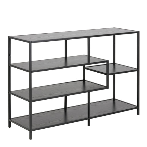 Seaford Wide Black Metal Bookcase with 4 Black Oak Shelves