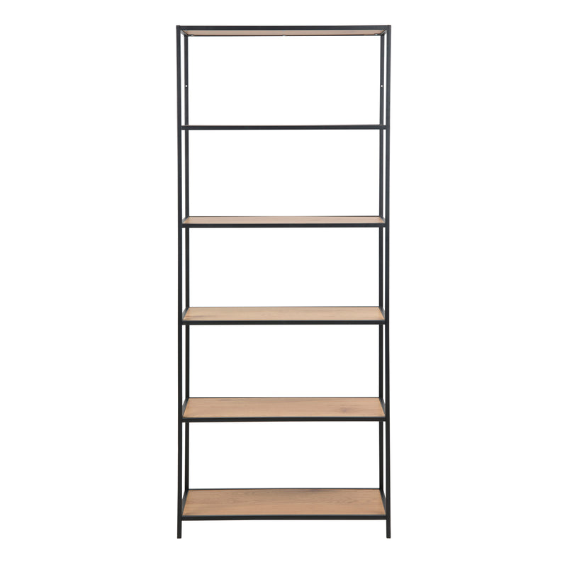 Seaford Tall Black Metal Bookcase with 5 Shelves in Oak