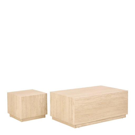 Dice Square and Rectangular Coffee Table Set of 2 in Travertine Rough Paper Effect 