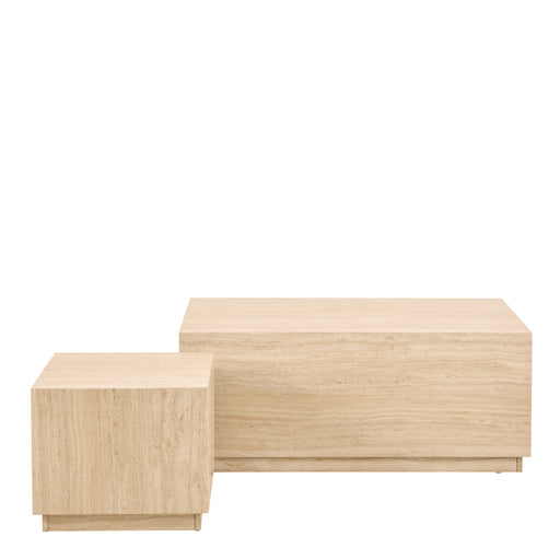 Dice Square and Rectangular Coffee Table Set of 2 in Travertine Rough Paper Effect 