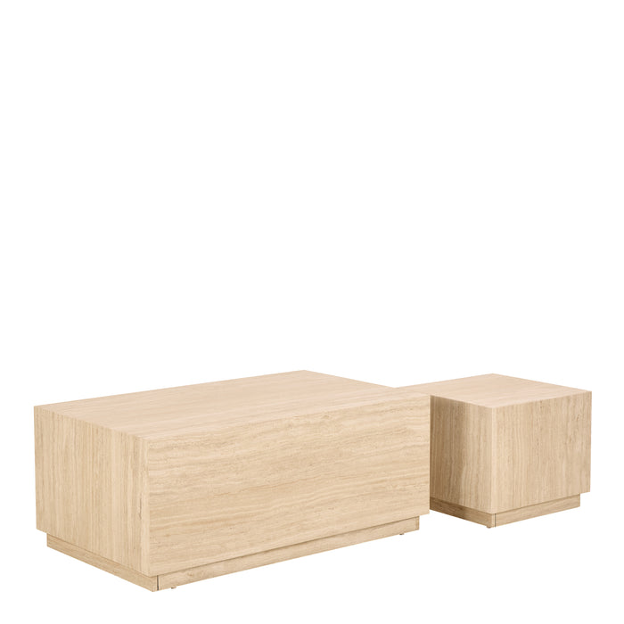 Dice Square and Rectangular Coffee Table Set of 2 in Travertine Rough Paper Effect 