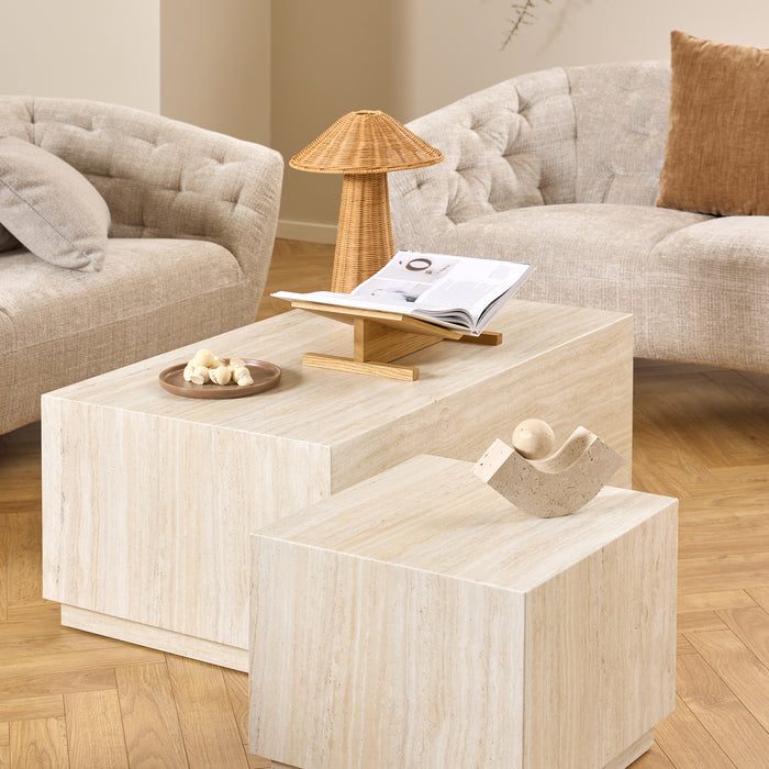 Dice Square and Rectangular Coffee Table Set of 2 in Travertine Rough Paper Effect 