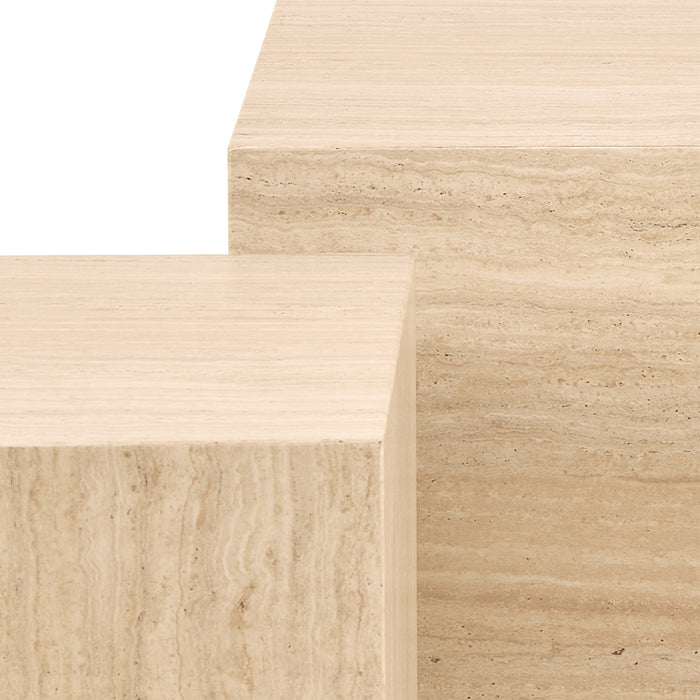 Dice Square and Rectangular Coffee Table Set of 2 in Travertine Rough Paper Effect 