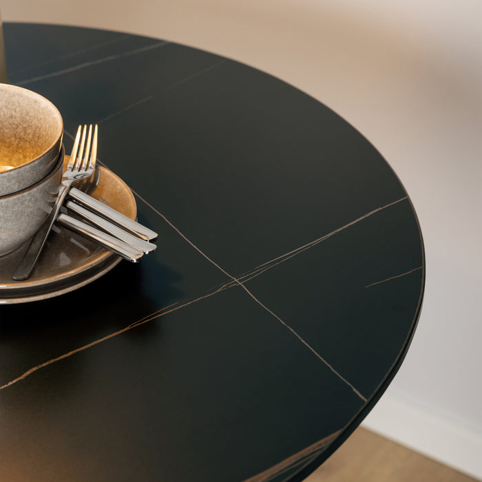 Malta Ceramic Round Dining Table in Black 90x75cm Included 4 Celia Dining Chair in Light Grey