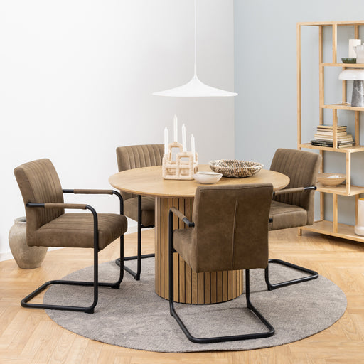 Yale Dining Table in Oak Included 4 Adele Dining Chair in Light Brown Fabric