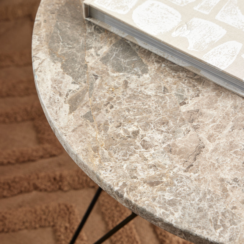 Prunus Round Coffee Table in Brown Marble and Matt Black Coated Steel Base 80x46.4cm