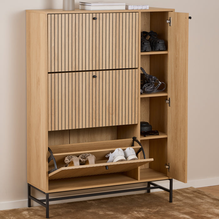 Albany Shoe Cabinet 3 Flip Down Doors 1 Pull Open Door in Oak/Black Legs